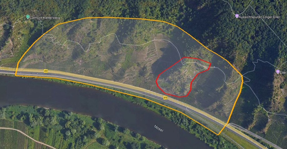 Projektgebiet am Calmont an der Mosel. Übersicht der Vermessungsfläche @ TRIGIS - GeoServices – A SOCOTEC COMPANY